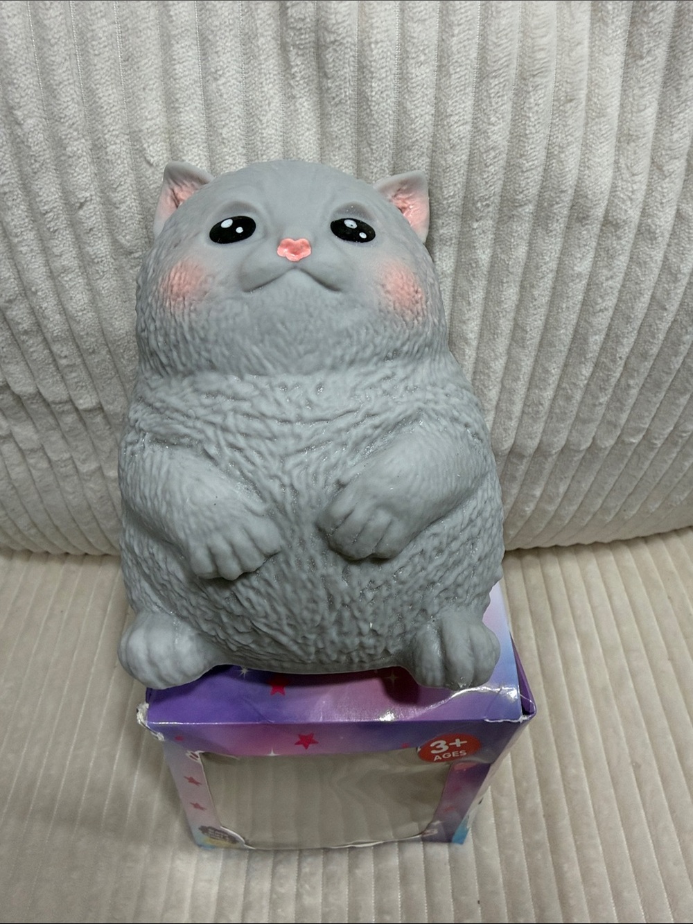 Grey Cat Squish Buddy - Large size. Very soft. New. Box has damage. See pics.